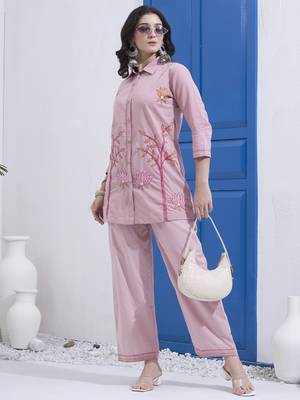 Mauve kantha embroidered cotton co-ord set with pant for women 1