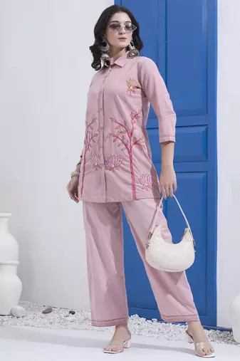 Mauve kantha embroidered cotton co-ord set with pant for women