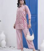 Mauve kantha embroidered cotton co-ord set with pant for women