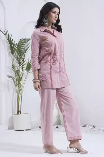 Mauve kantha embroidered cotton co-ord set with pant for women