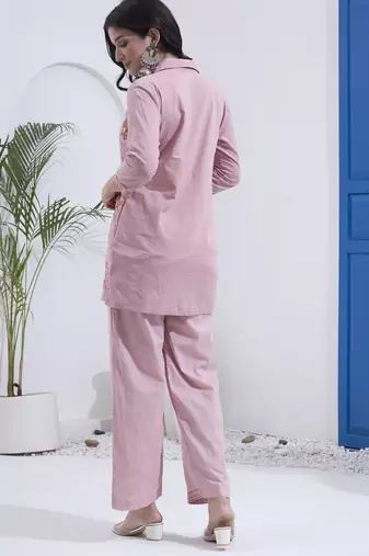 Mauve kantha embroidered cotton co-ord set with pant for women