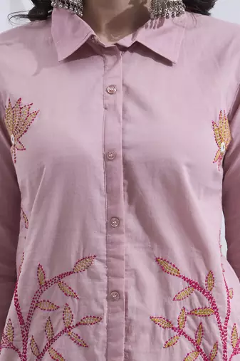 Mauve kantha embroidered cotton co-ord set with pant for women