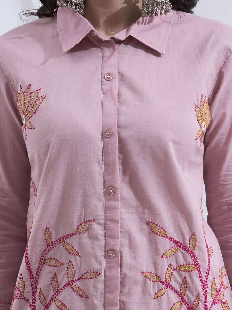 Mauve kantha embroidered cotton co-ord set with pant for women