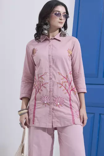 Mauve kantha embroidered cotton co-ord set with pant for women