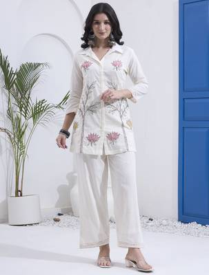 White kantha embroidered cotton co-ord set with pant for women 1