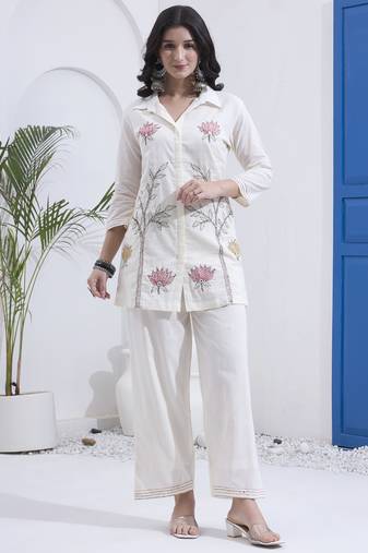 White kantha embroidered cotton co-ord set with pant for women