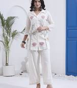White kantha embroidered cotton co-ord set with pant for women