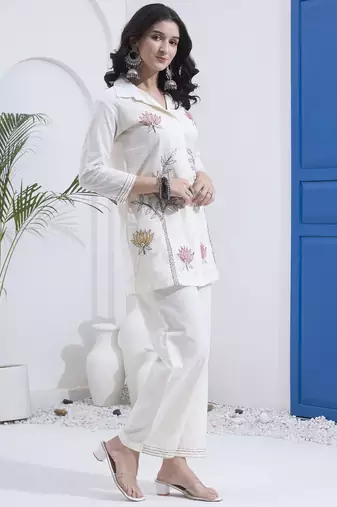 White kantha embroidered cotton co-ord set with pant for women