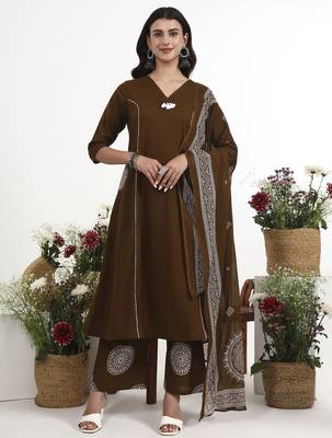 Brown plain cotton stitched anarkali kurta set with dupatta for women 1