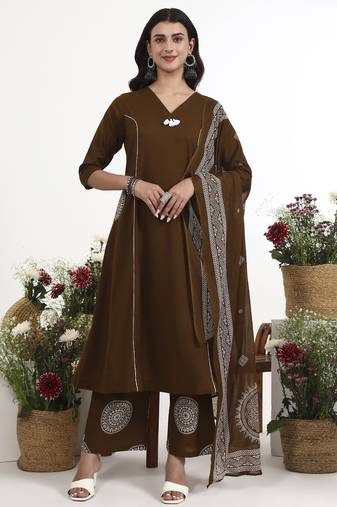 Brown plain cotton stitched anarkali kurta set with dupatta for women