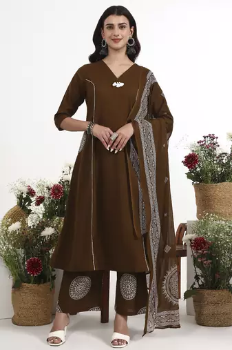 Brown plain cotton stitched anarkali kurta set with dupatta for women