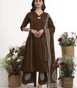 Brown plain cotton stitched anarkali kurta set with dupatta for women
