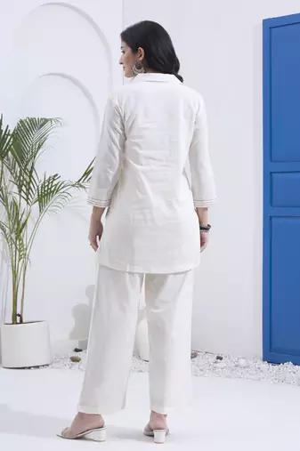 White kantha embroidered cotton co-ord set with pant for women