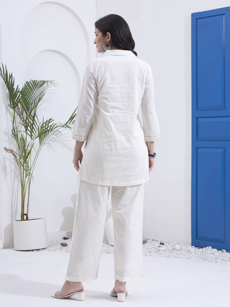 White kantha embroidered cotton co-ord set with pant for women