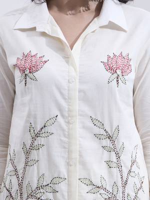 White kantha embroidered cotton co-ord set with pant for women 4