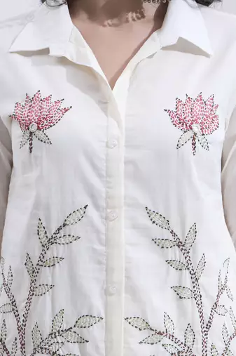 White kantha embroidered cotton co-ord set with pant for women