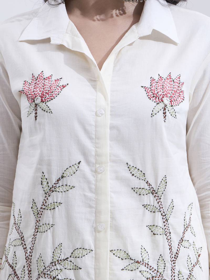 White kantha embroidered cotton co-ord set with pant for women