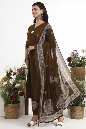 Brown plain cotton stitched anarkali kurta set with dupatta for women