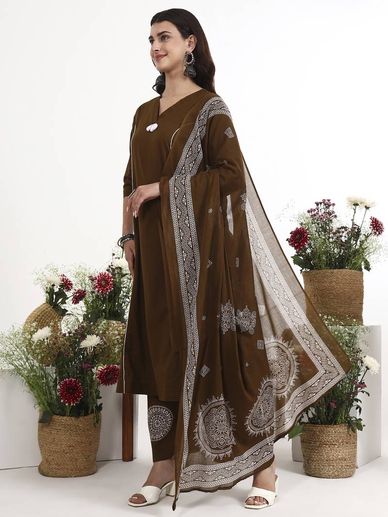 Brown plain cotton stitched anarkali kurta set with dupatta for women