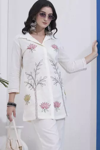 White kantha embroidered cotton co-ord set with pant for women