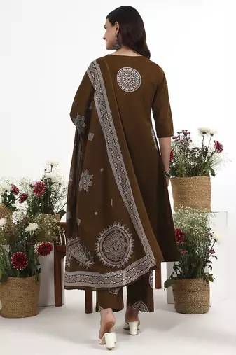 Brown plain cotton stitched anarkali kurta set with dupatta for women
