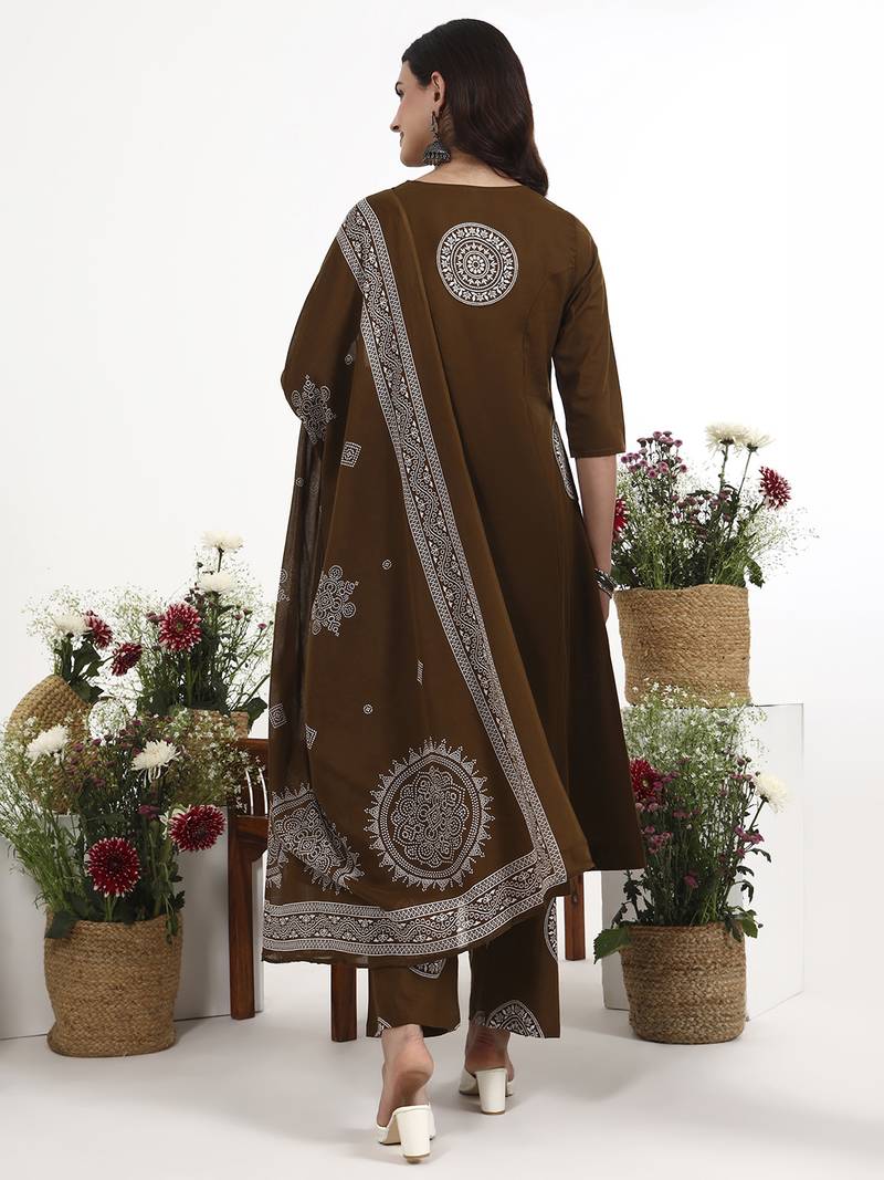 Brown plain cotton stitched anarkali kurta set with dupatta for women