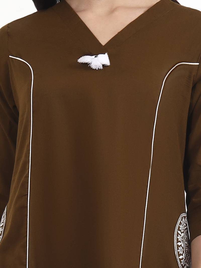 Brown plain cotton stitched anarkali kurta set with dupatta for women