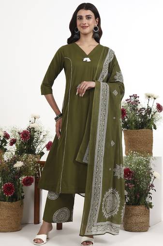 Green plain cotton stitched anarkali kurta set with dupatta for women