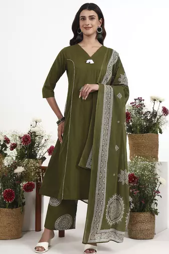 Green plain cotton stitched anarkali kurta set with dupatta for women