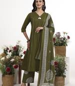 Green plain cotton stitched anarkali kurta set with dupatta for women