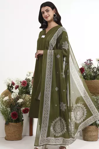 Green plain cotton stitched anarkali kurta set with dupatta for women