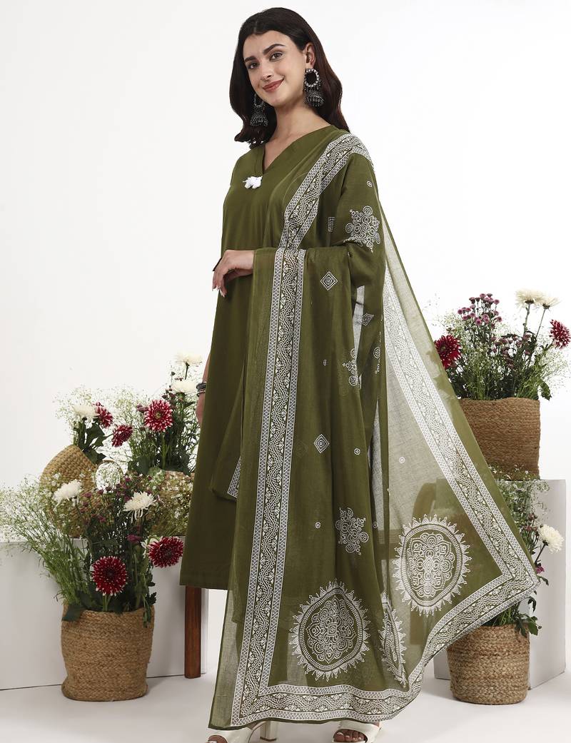Green plain cotton stitched anarkali kurta set with dupatta for women