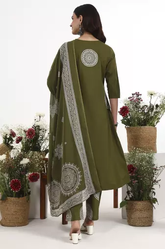Green plain cotton stitched anarkali kurta set with dupatta for women