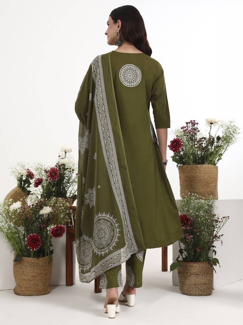 Green plain cotton stitched anarkali kurta set with dupatta for women