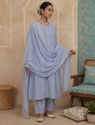 Blue plain chanderi cotton stitched a-line kurta set with dupatta for women 1