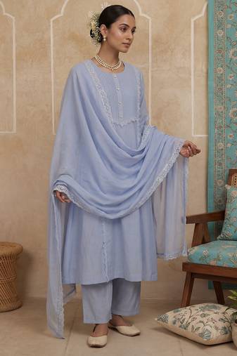 Blue plain chanderi cotton stitched a-line kurta set with dupatta for women