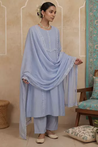 Blue plain chanderi cotton stitched a-line kurta set with dupatta for women