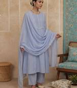 Blue plain chanderi cotton stitched a-line kurta set with dupatta for women