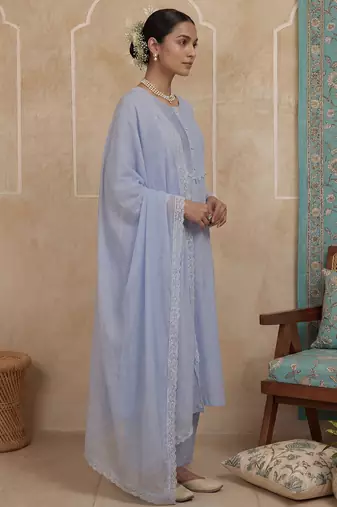Blue plain chanderi cotton stitched a-line kurta set with dupatta for women