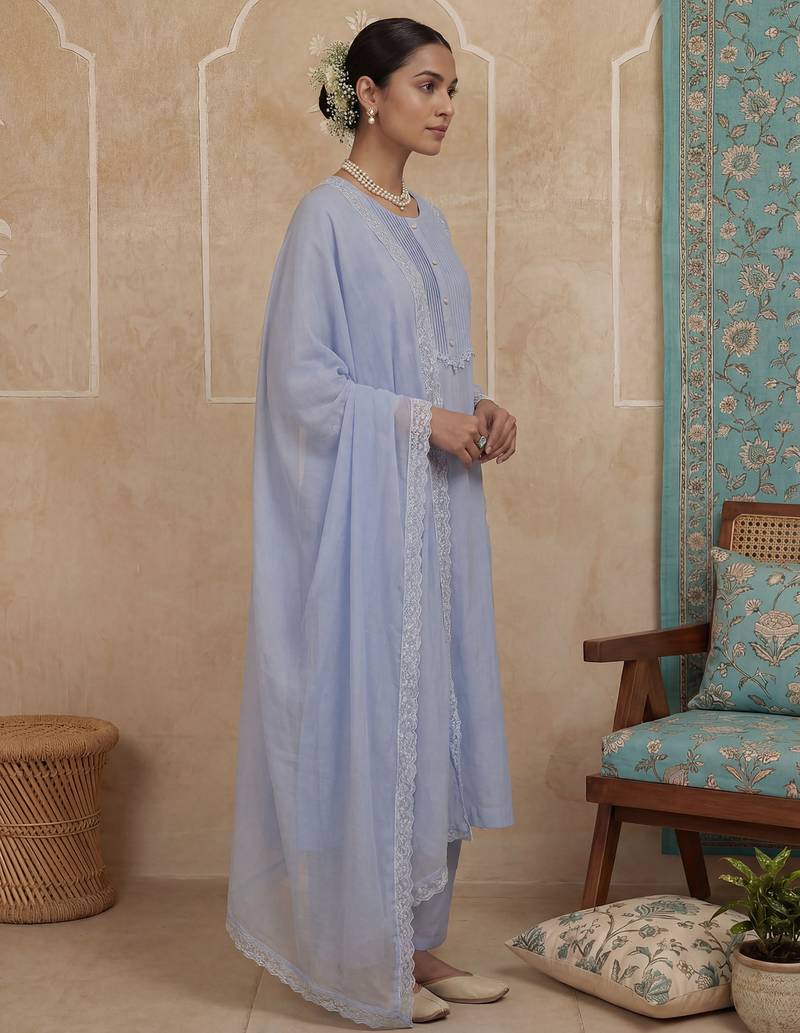 Blue plain chanderi cotton stitched a-line kurta set with dupatta for women