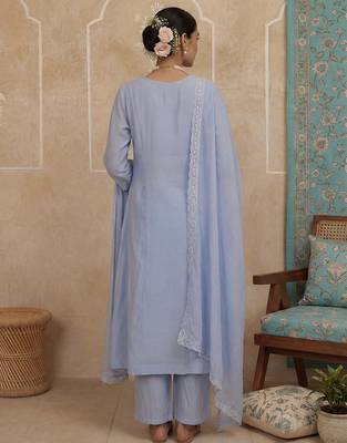 Blue plain chanderi cotton stitched a-line kurta set with dupatta for women 3