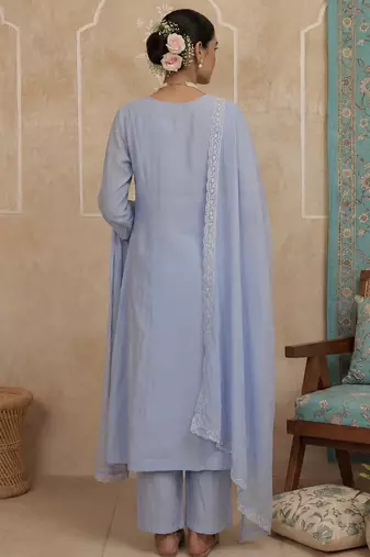 Blue plain chanderi cotton stitched a-line kurta set with dupatta for women