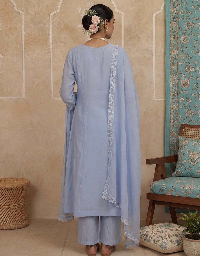 Blue plain chanderi cotton stitched a-line kurta set with dupatta for women
