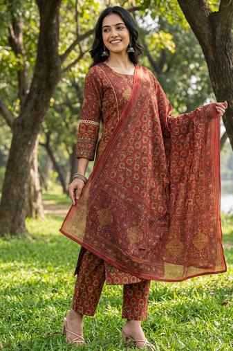 Red floral printed cotton stitched straight kurta set with dupatta for women