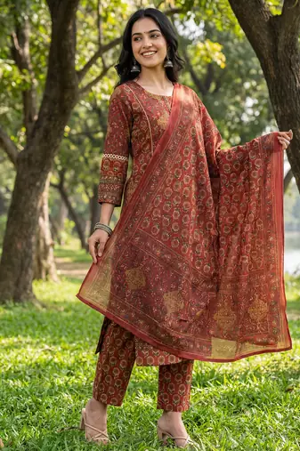Red floral printed cotton stitched straight kurta set with dupatta for women