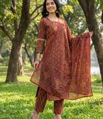 Red floral printed cotton stitched straight kurta set with dupatta for women