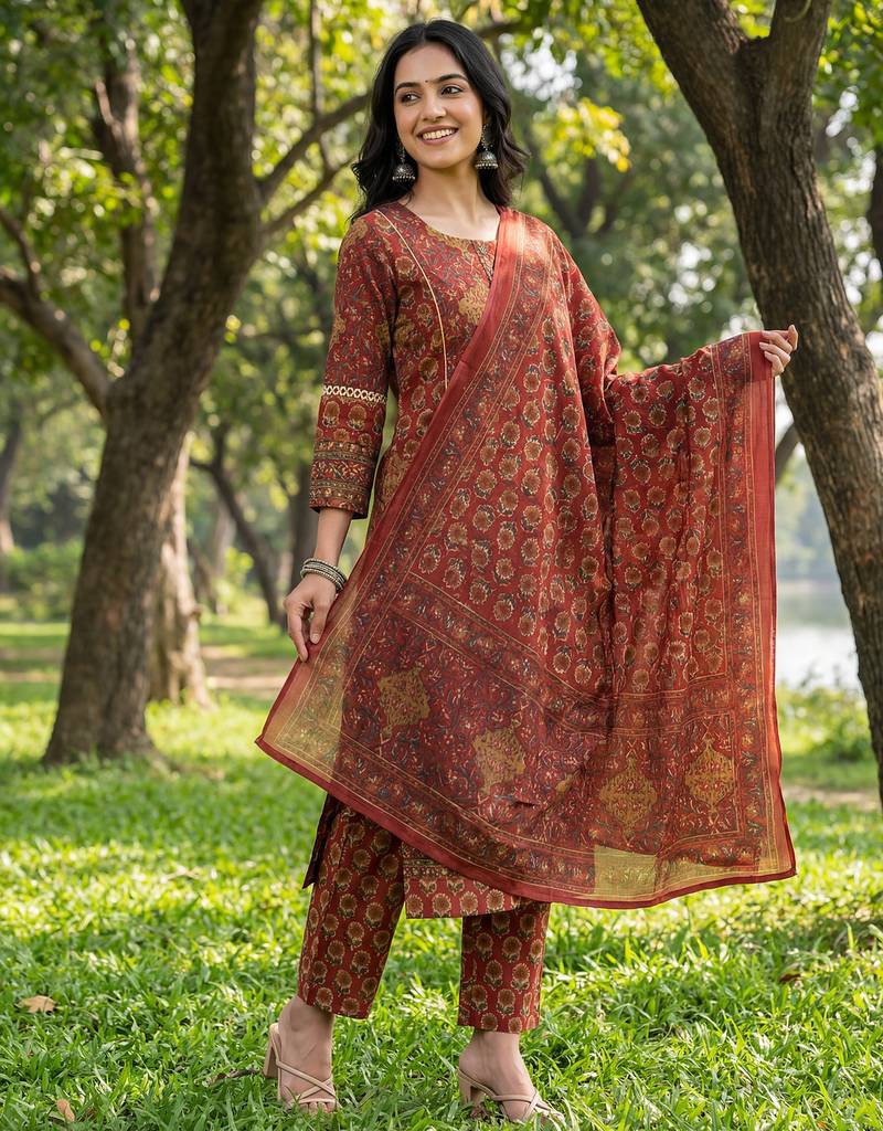 Red floral printed cotton stitched straight kurta set with dupatta for women