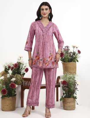 Purple floral printed cotton stitched co-ord set with pants for women 1