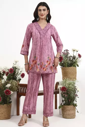 Purple floral printed cotton stitched co-ord set with pants for women