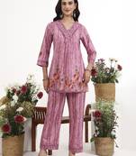 Purple floral printed cotton stitched co-ord set with pants for women
